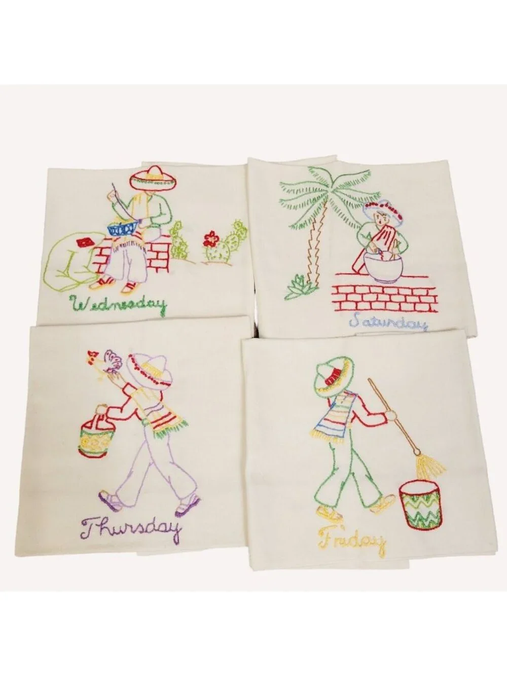 4 Hand-Embroidered Mexican Days Of The Week Tea Towels Cotton